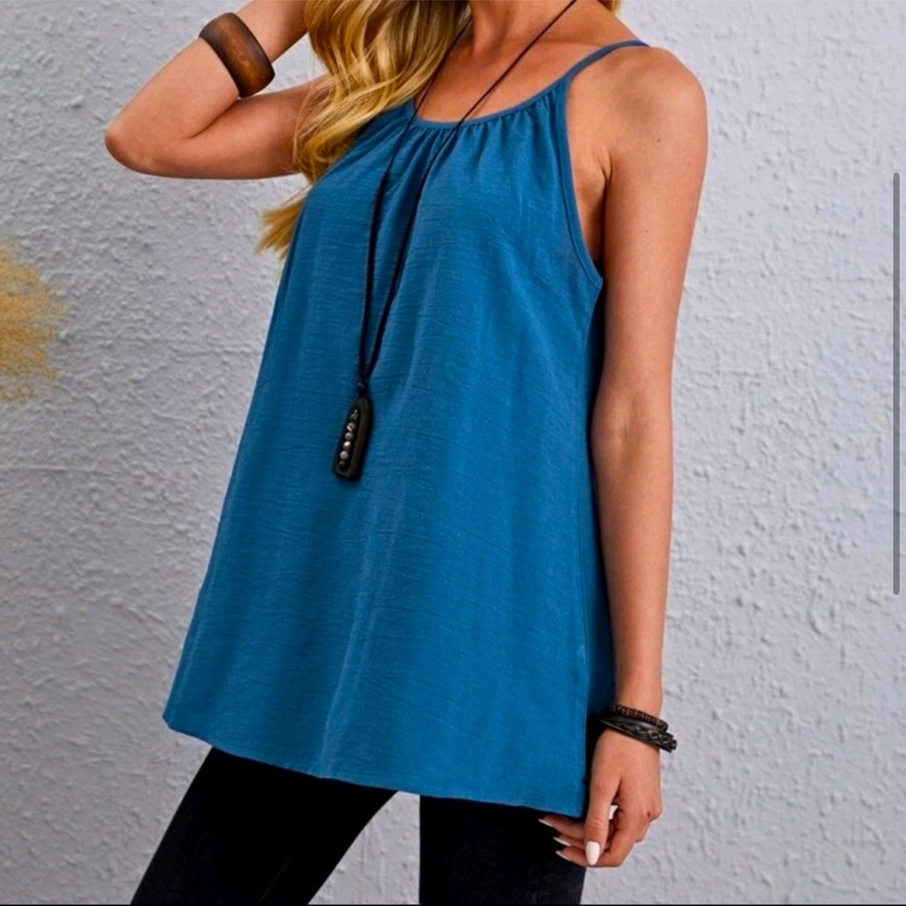 Blue Solid High Neck Casual Oversized Large Tank Top